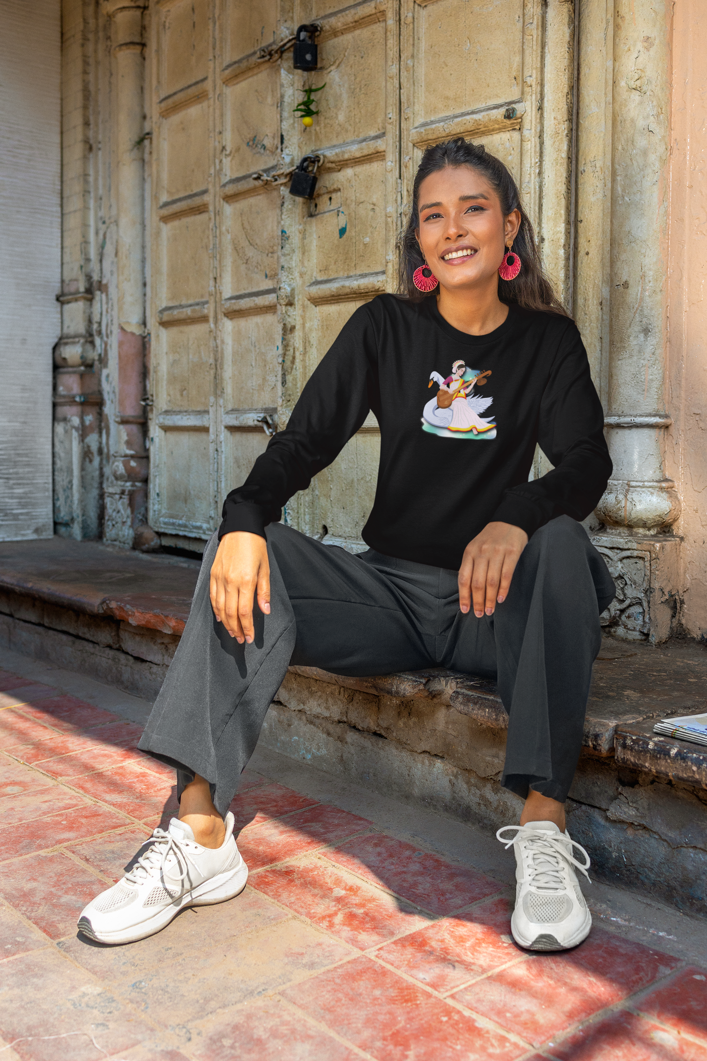 Saraswati Devi Long Sleeve Tee | Celestial River of Wisdom Collection